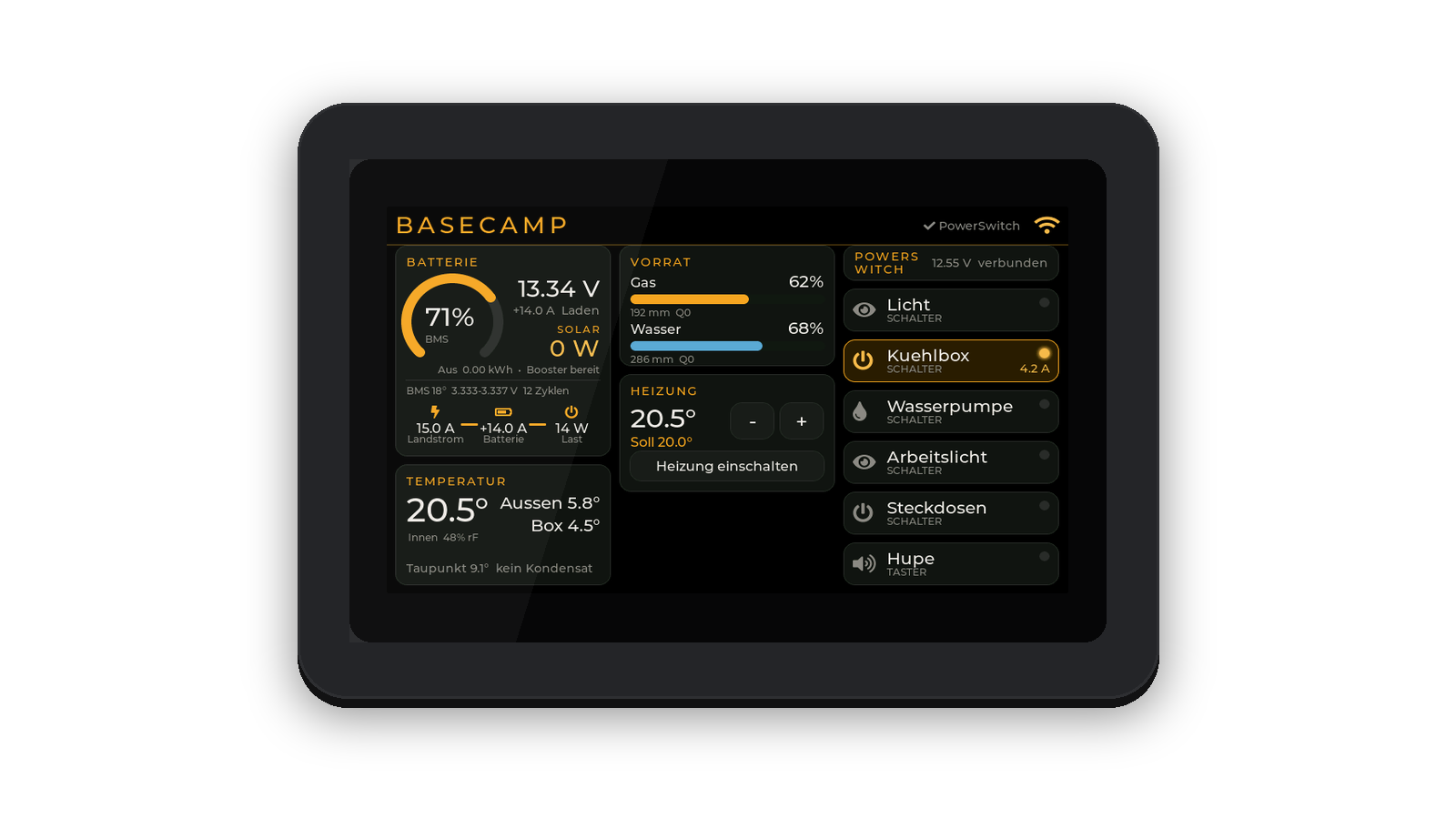 Basecamp 4,3 Zoll im Aufputzgehäuse mit Batterie, Vorrat, Heizung und Schaltern