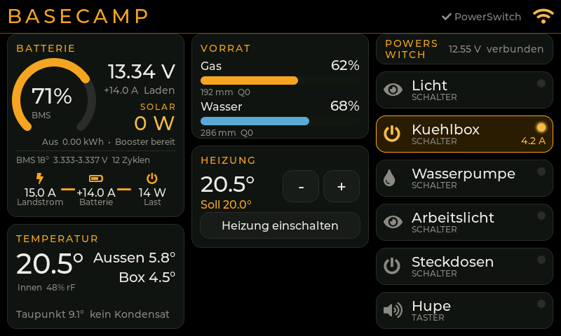 Basecamp mit Batterie, Vorrat, Heizung, Temperatur und Schaltern