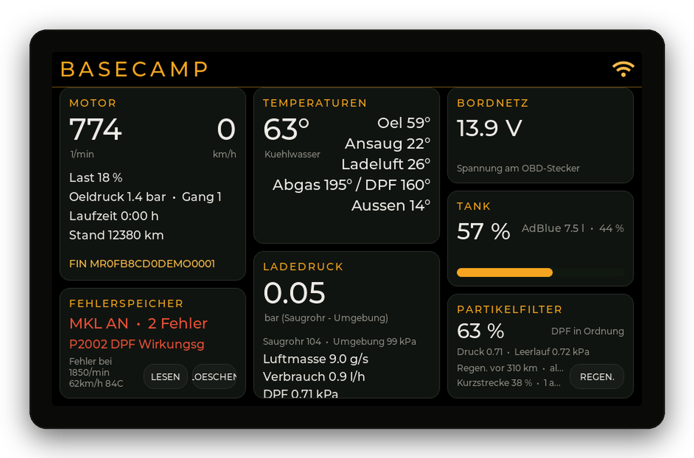 Basecamp mit Motor, Temperaturen, Ladedruck, Tank und Partikelfilter