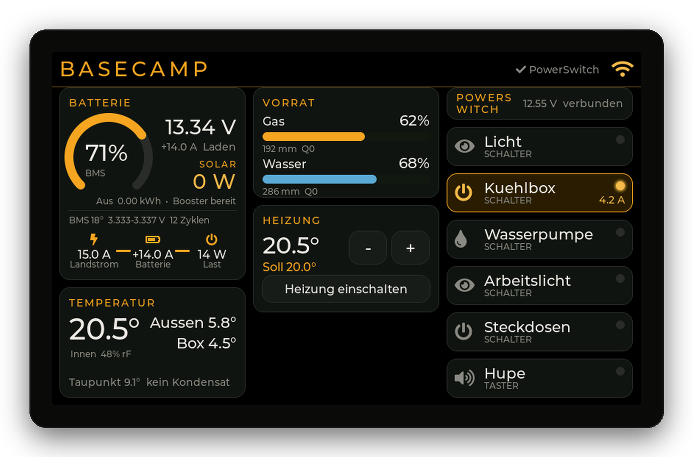 Basecamp 7 Zoll mit Batterie, Vorrat, Heizung, Temperatur und Schaltern