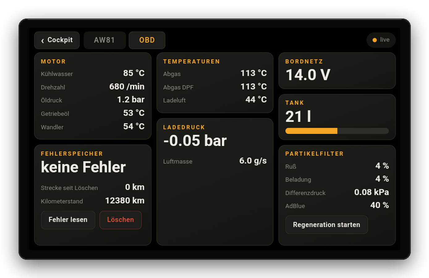 Cockpit: Motor, Temperaturen, Ladedruck, Tank, Fehlerspeicher und Partikelfilter auf dem Fahrzeugbildschirm
