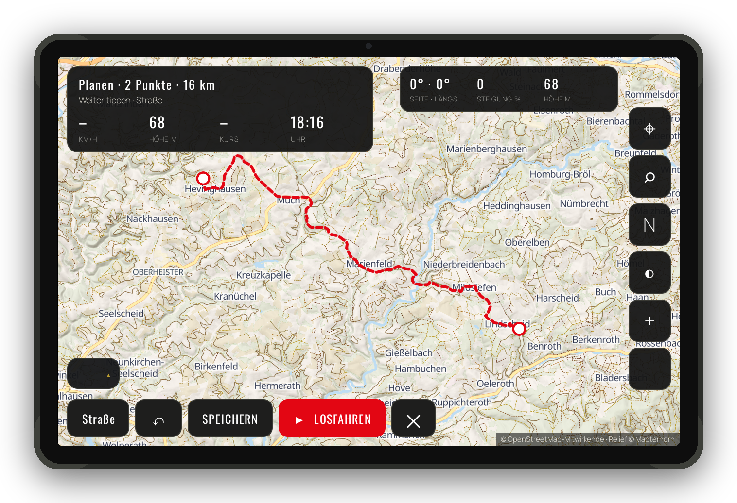 Cockpit-Navigation: geplante Route auf der Offroad-Karte mit Höhenlinien und Relief