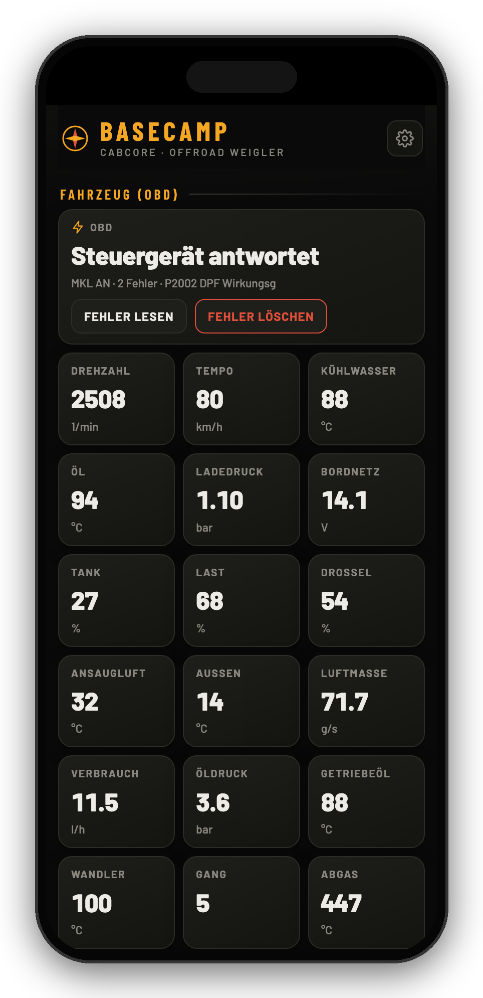 Cockpit App auf dem Handy: Fahrzeugdaten
