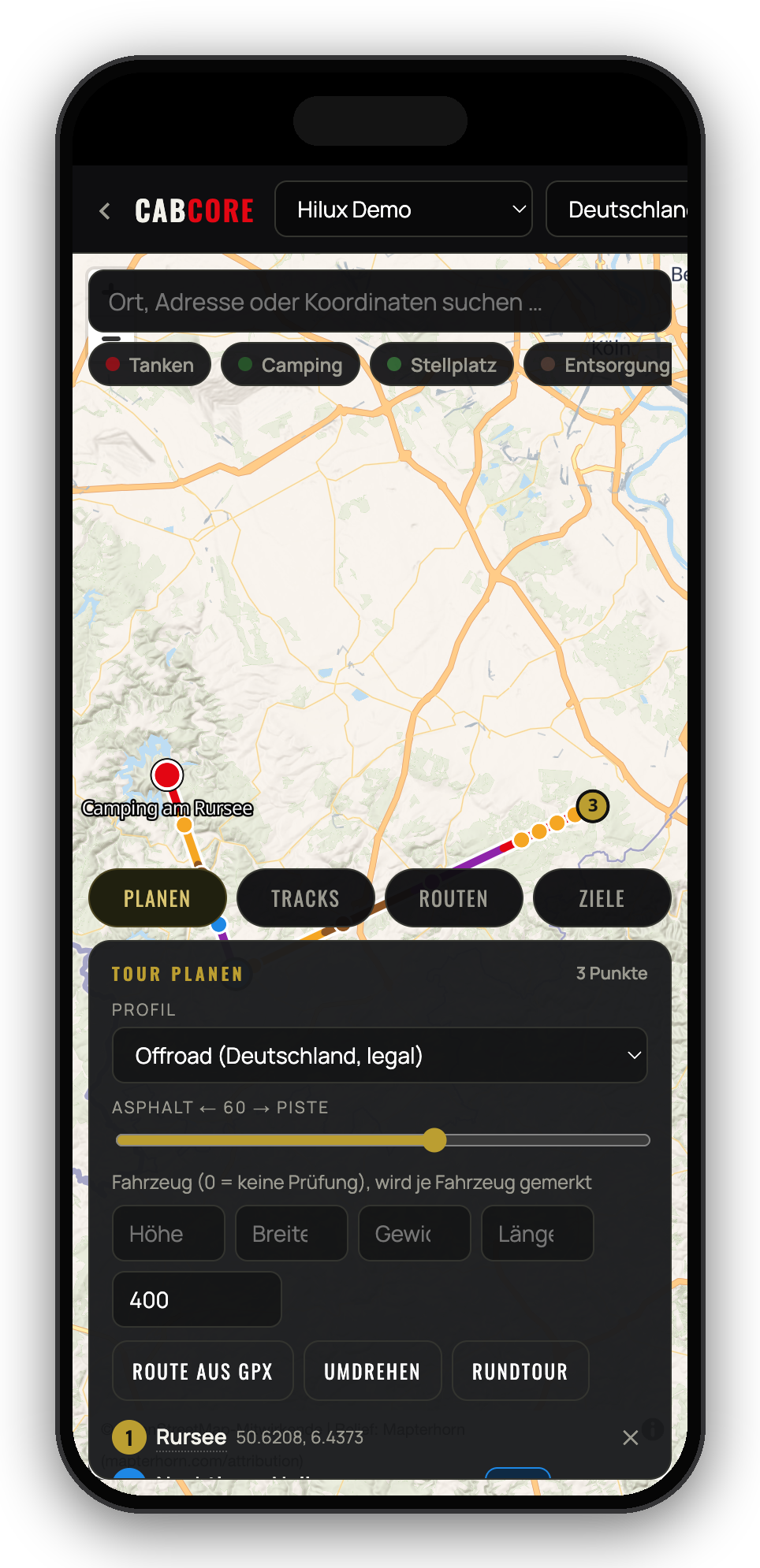 Kundenportal auf dem Handy: Tourenplaner mit Offroad-Profil und Routing-Regler